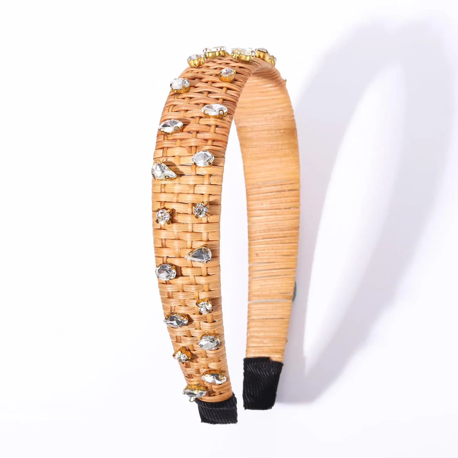 ZITULRY Rhinestone Straw Headbands Crystal Jeweled Embellished Rattan Headband Boho Raffia Wicker Braid Hairband Woven Hair Hoop for Women Girls Summer Beach Holiday Party Hair Accessories