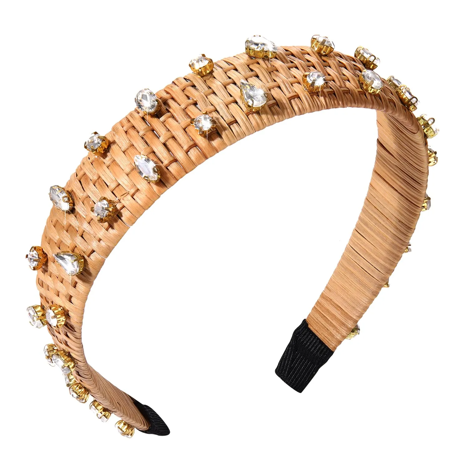 ZITULRY Rhinestone Straw Headbands Crystal Jeweled Embellished Rattan Headband Boho Raffia Wicker Braid Hairband Woven Hair Hoop for Women Girls Summer Beach Holiday Party Hair Accessories