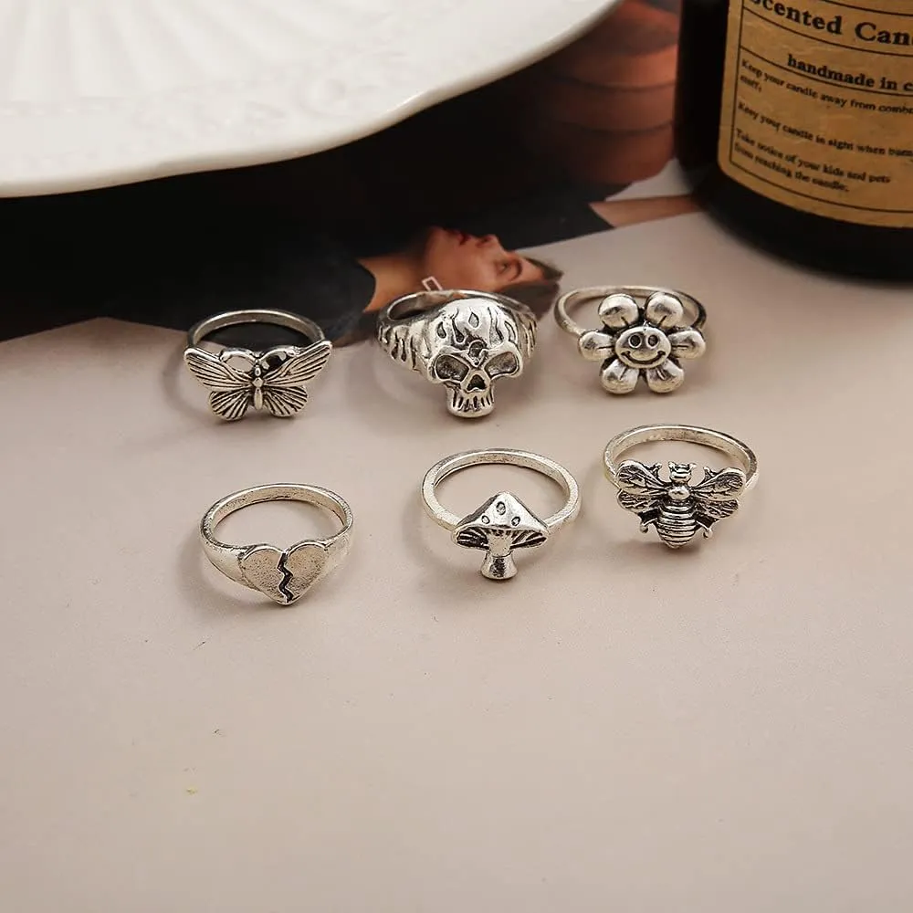 ZMANYIJEW Vintage Punk Ring Set Adjustable Ring, Skull Mushroom Flower Bee Heart Snake Ring Set Spades Solitaire Knuckle Ring Fashion Vintage Silver Jewelry