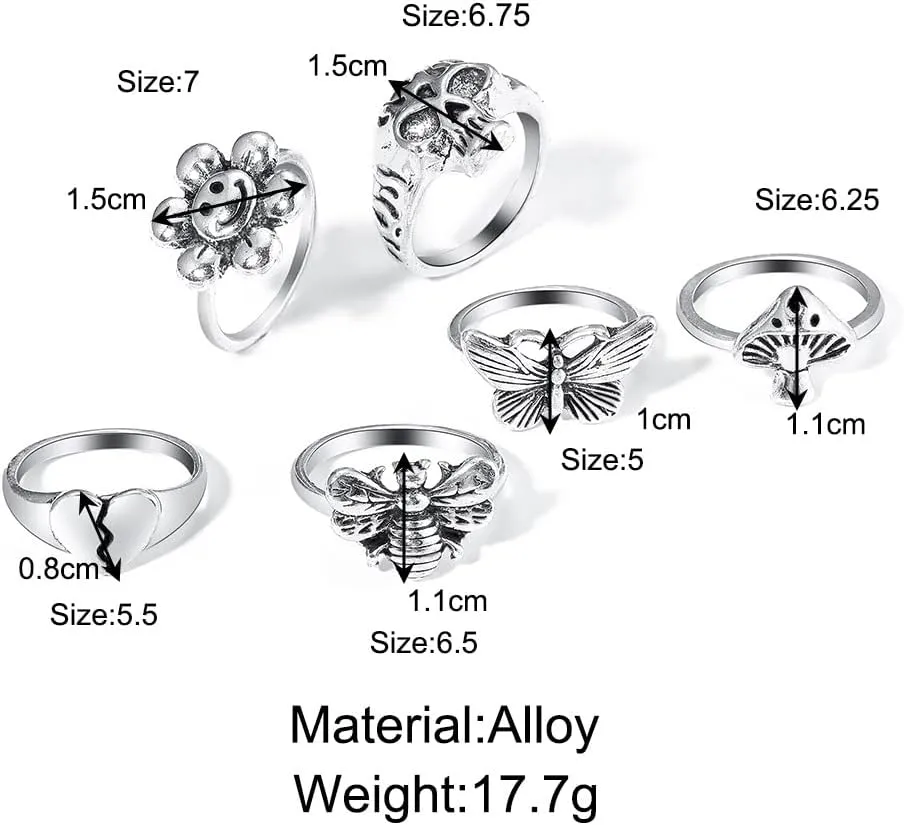 ZMANYIJEW Vintage Punk Ring Set Adjustable Ring, Skull Mushroom Flower Bee Heart Snake Ring Set Spades Solitaire Knuckle Ring Fashion Vintage Silver Jewelry