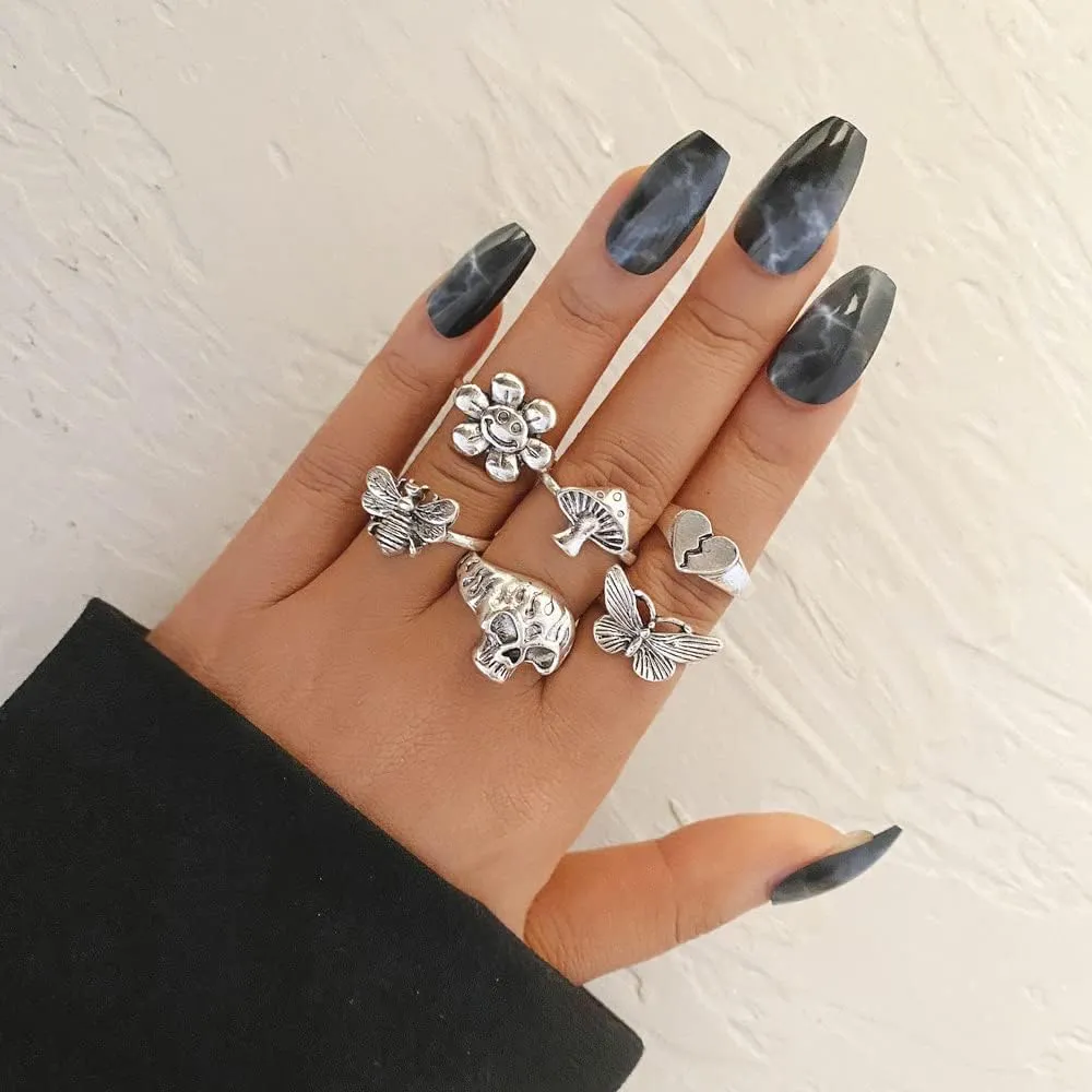 ZMANYIJEW Vintage Punk Ring Set Adjustable Ring, Skull Mushroom Flower Bee Heart Snake Ring Set Spades Solitaire Knuckle Ring Fashion Vintage Silver Jewelry