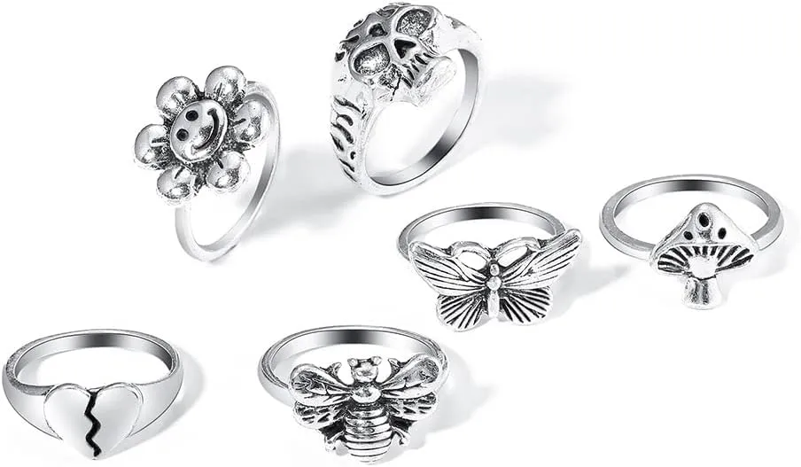 ZMANYIJEW Vintage Punk Ring Set Adjustable Ring, Skull Mushroom Flower Bee Heart Snake Ring Set Spades Solitaire Knuckle Ring Fashion Vintage Silver Jewelry