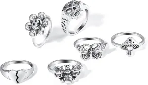 ZMANYIJEW Vintage Punk Ring Set Adjustable Ring, Skull Mushroom Flower Bee Heart Snake Ring Set Spades Solitaire Knuckle Ring Fashion Vintage Silver Jewelry